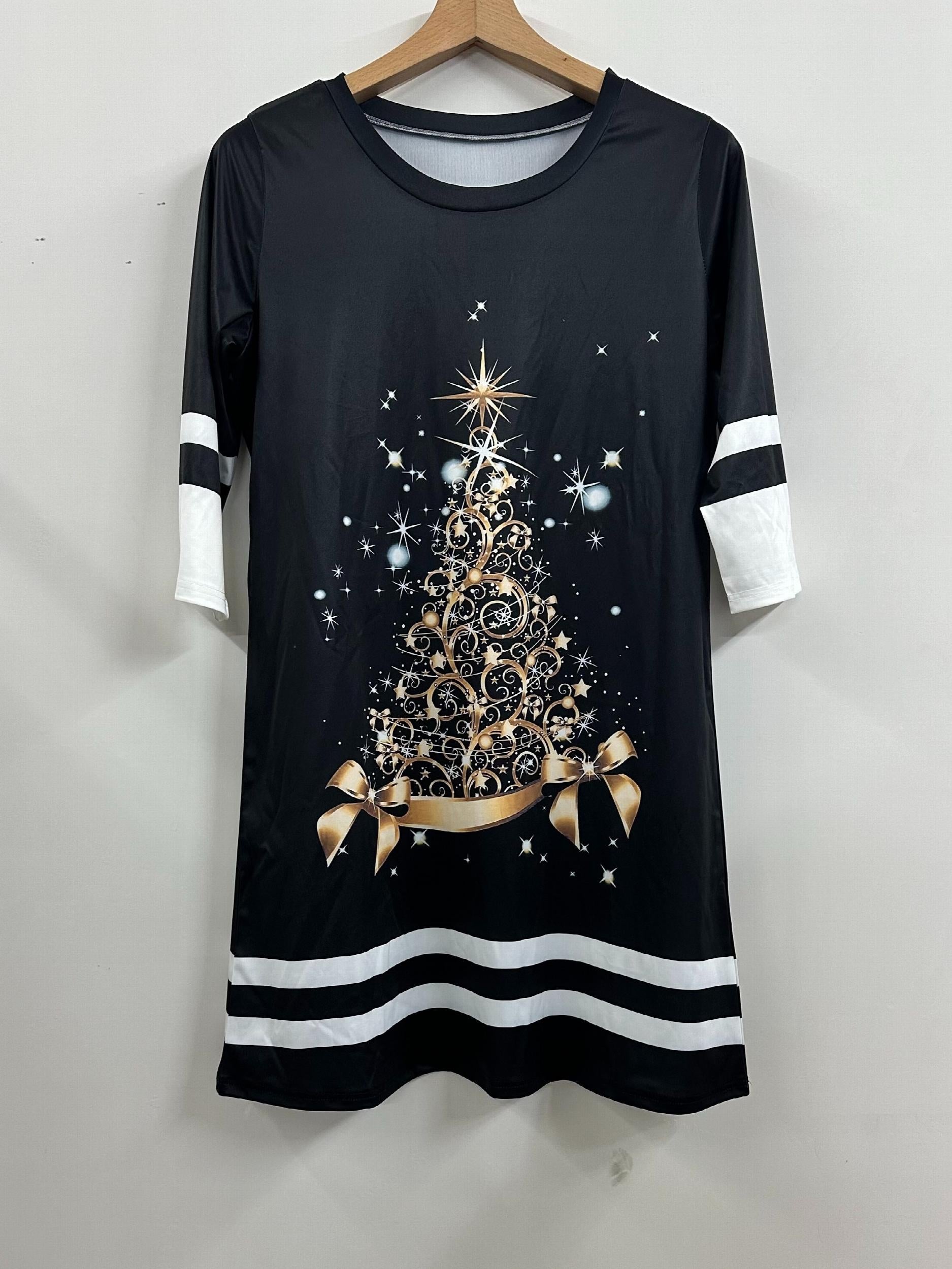  Tree & Stripe Print Half Sleeve Mini Dress