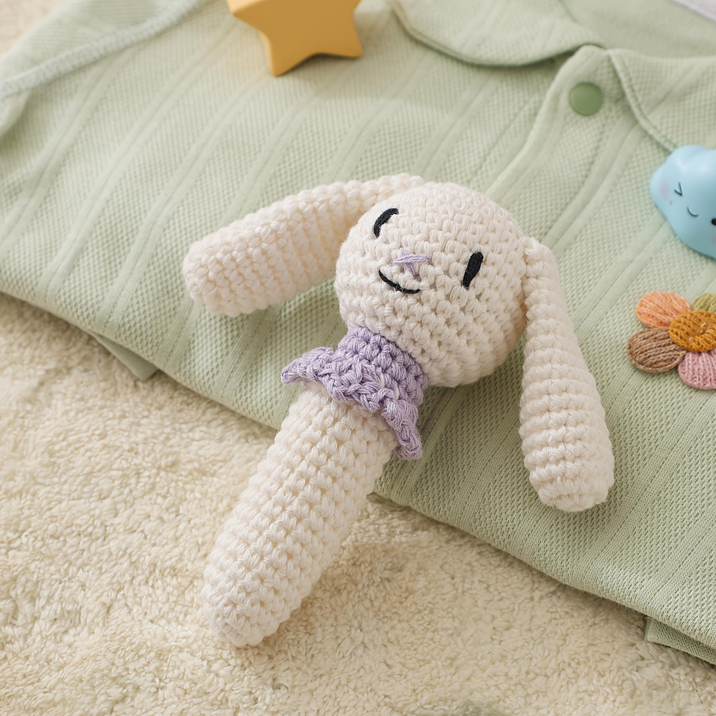 Crochet Rattle Teether Toy Knitted Animal Doll w/Bell 3D Details