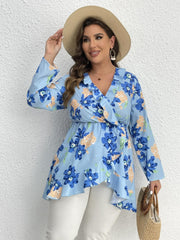  Floral Print Long Sleeve Ruffle Trim Surplice Neck Pleated Top