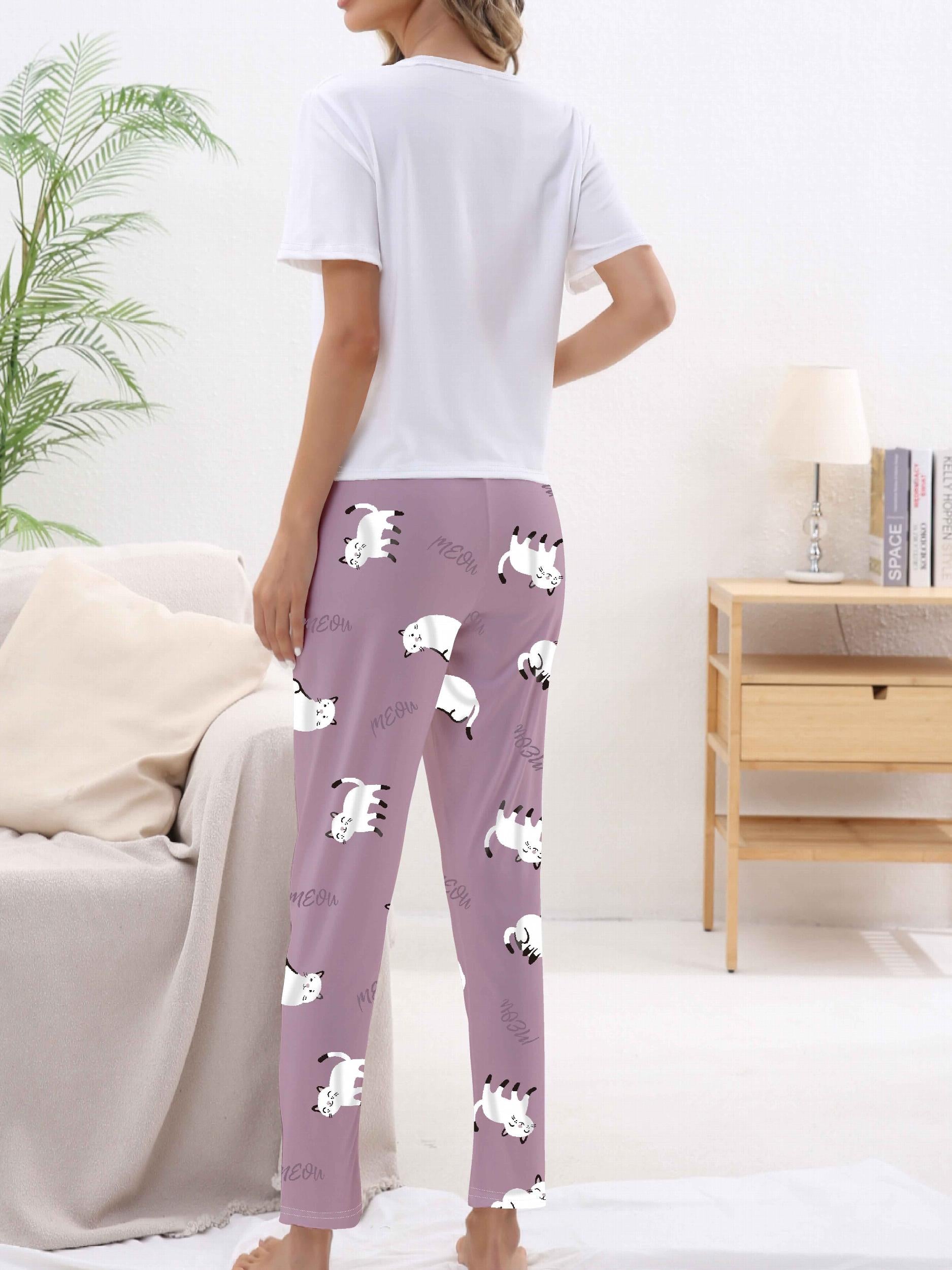 Cat Print Pajama Set Short Sleeve Crew Neck Top & Pants Women's Sleepwear