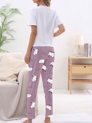 Cat Print Pajama Set Short Sleeve Crew Neck Top & Pants Women's Sleepwear