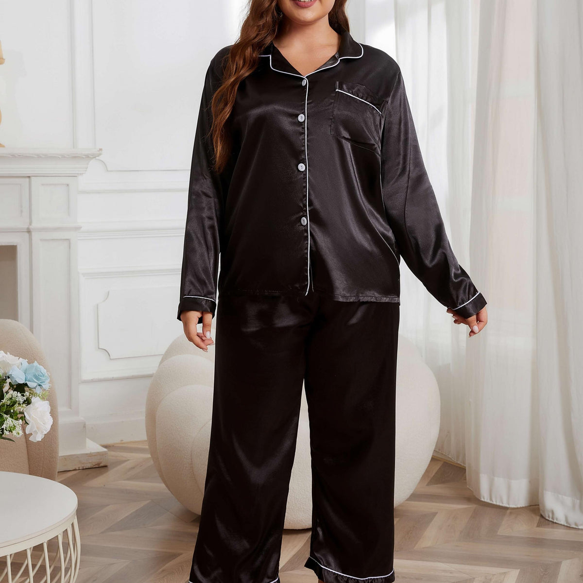  Satin Contrast Long Sleeve Shirt & Pants Set