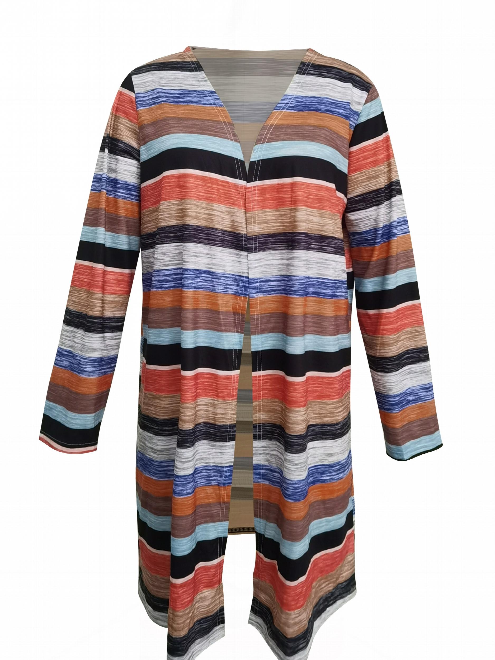  Colorblock Stripe Print Open Front Cardigan