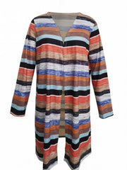  Colorblock Stripe Print Open Front Cardigan