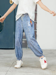 Kids Faux Denim Cotton Trousers Soft Washed Non-fading