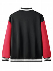 Men's Casual Baseball Jacket W Print Button Fleece Coat Block Outerwear Top
