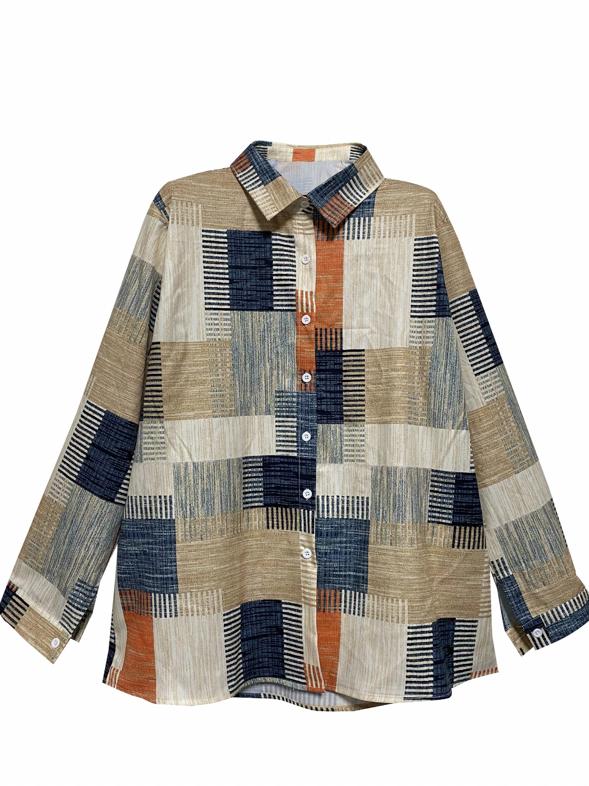  Patchwork Print Long Sleeve Button Up Shirt