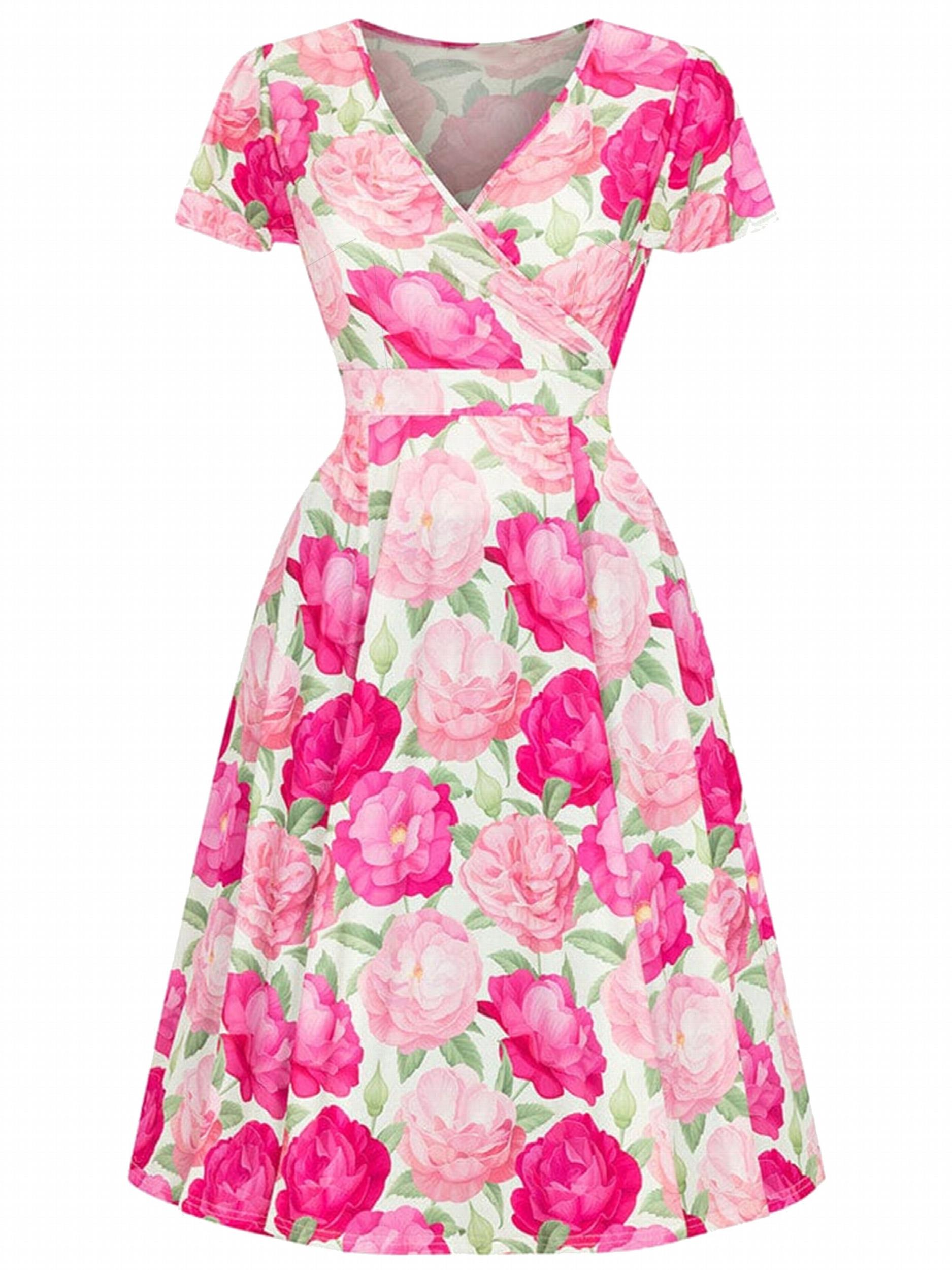 Women's Plus Floral Print Short Sleeve Surplice Neck Dress