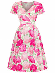 Women's Plus Floral Print Short Sleeve Surplice Neck Dress