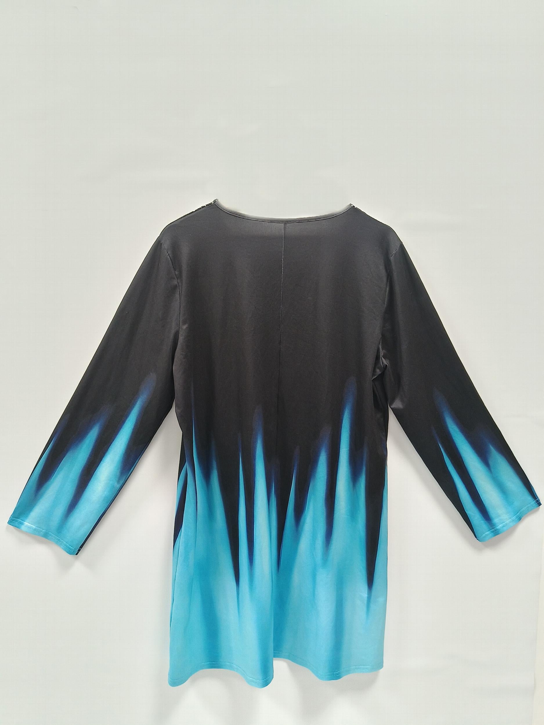  Rhinestone Floral Print Ombre Long Sleeve Dress