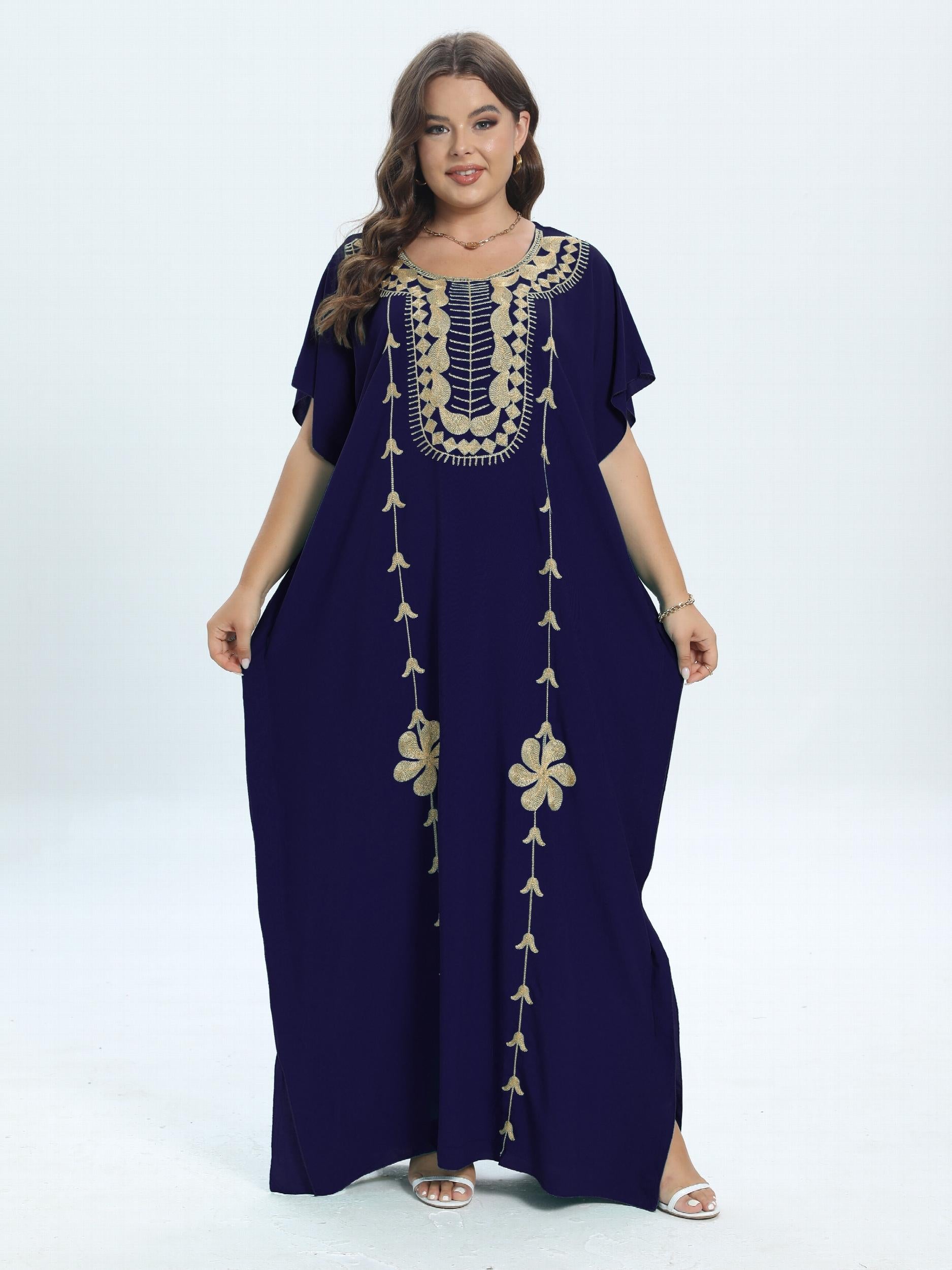  Casual Kaftan Dress Women's Plus Colorblock Floral Embroidery Maxi Dre