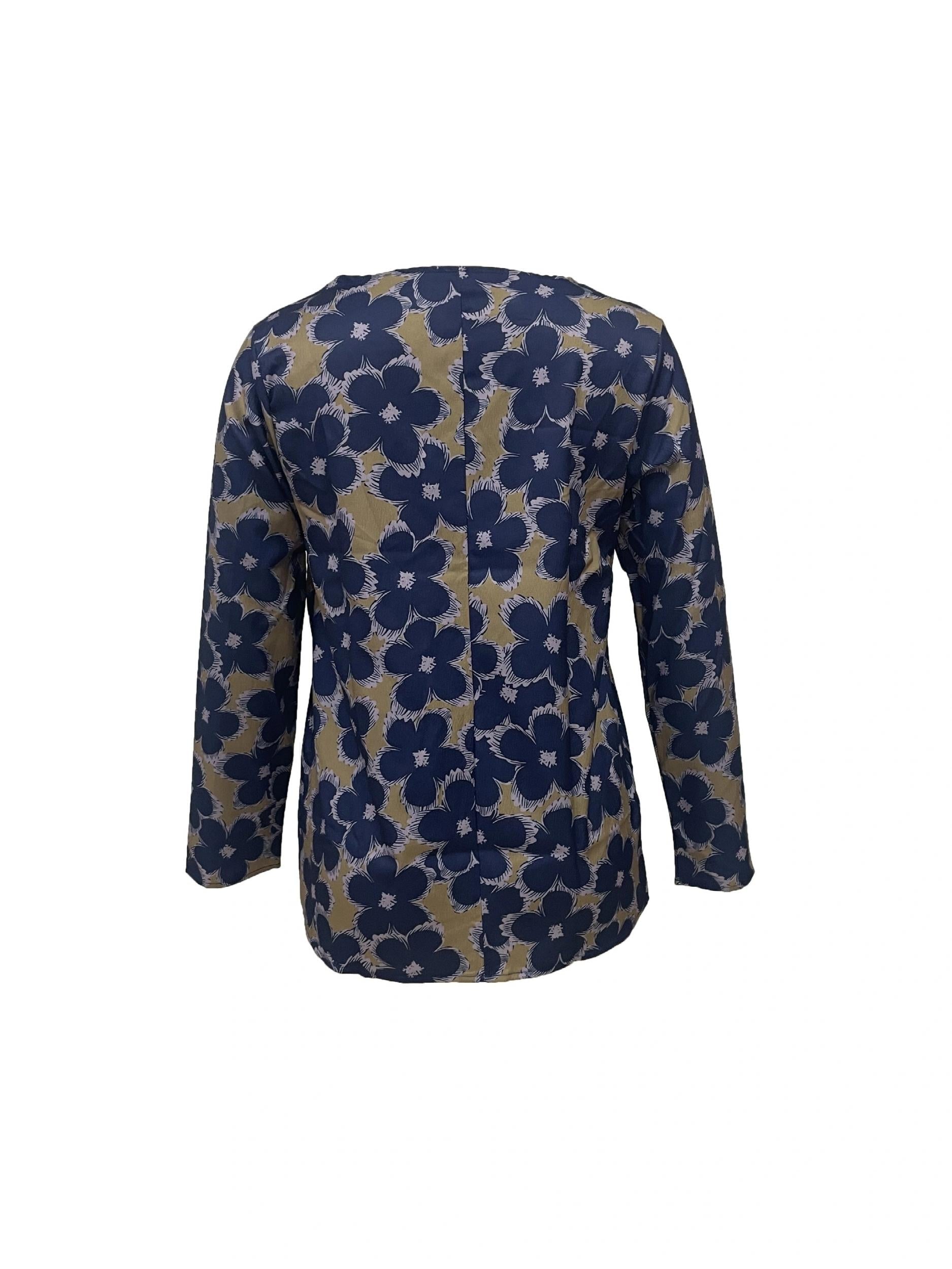  Floral Print Button-Up Long Sleeve Blouse