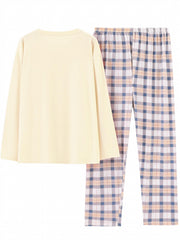  Casual Pajamas Set Women's Soft Tee & Plaid Pants 2pcs Set