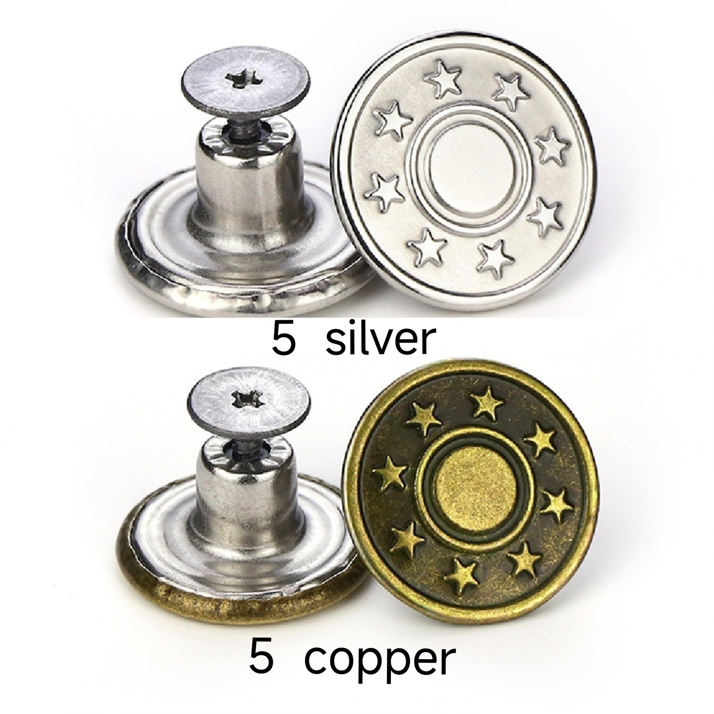 10pc Seam Button Pins For Jeans in Silver/Copper Set w/ Screwdriver