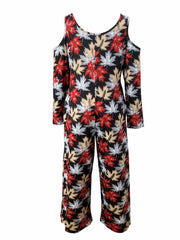  Boho Jumpsuit Women's Plus Maple Leaf Print Cold Shoulder