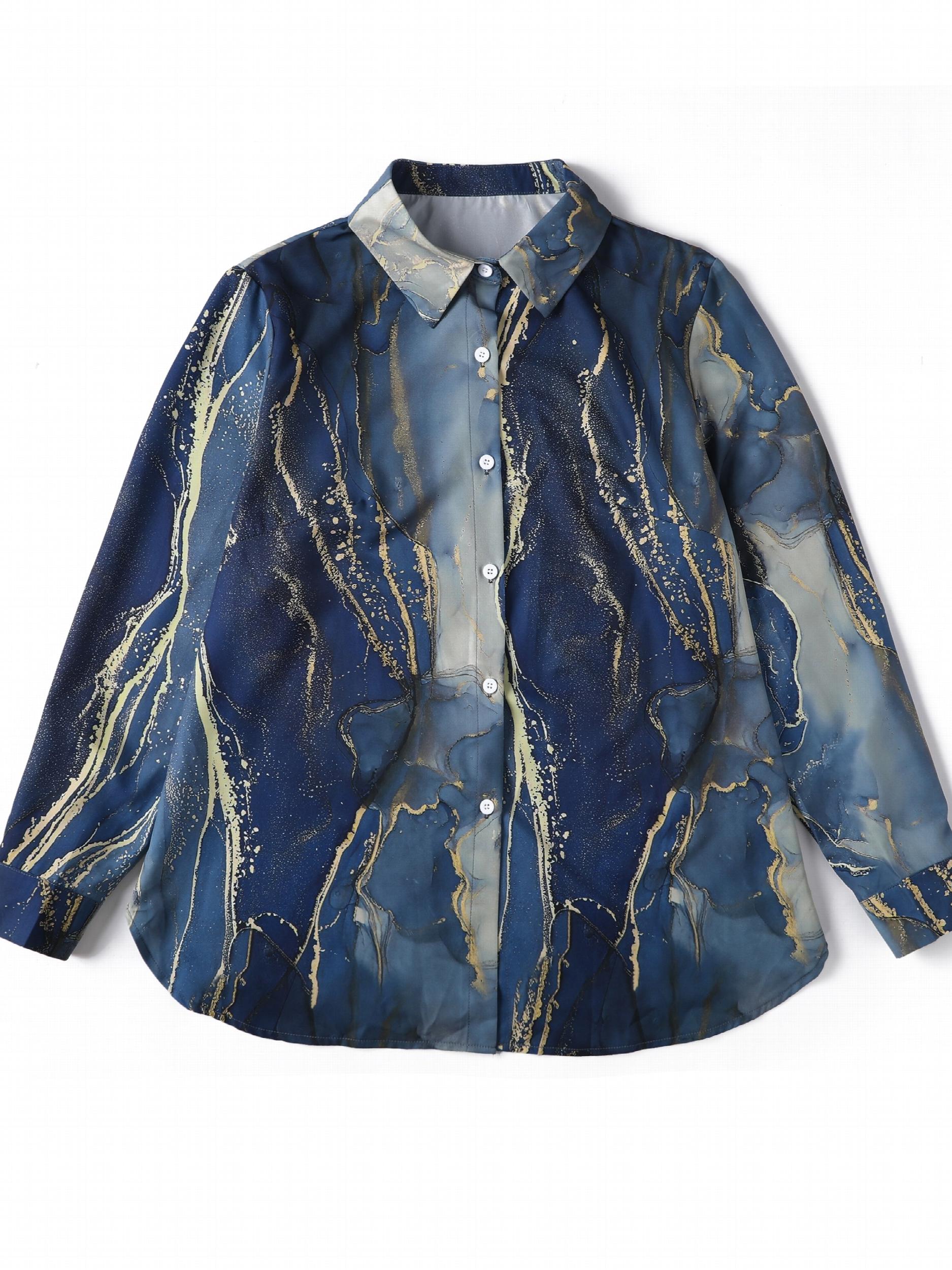  Marble Print Long Sleeve Button Up Shirt