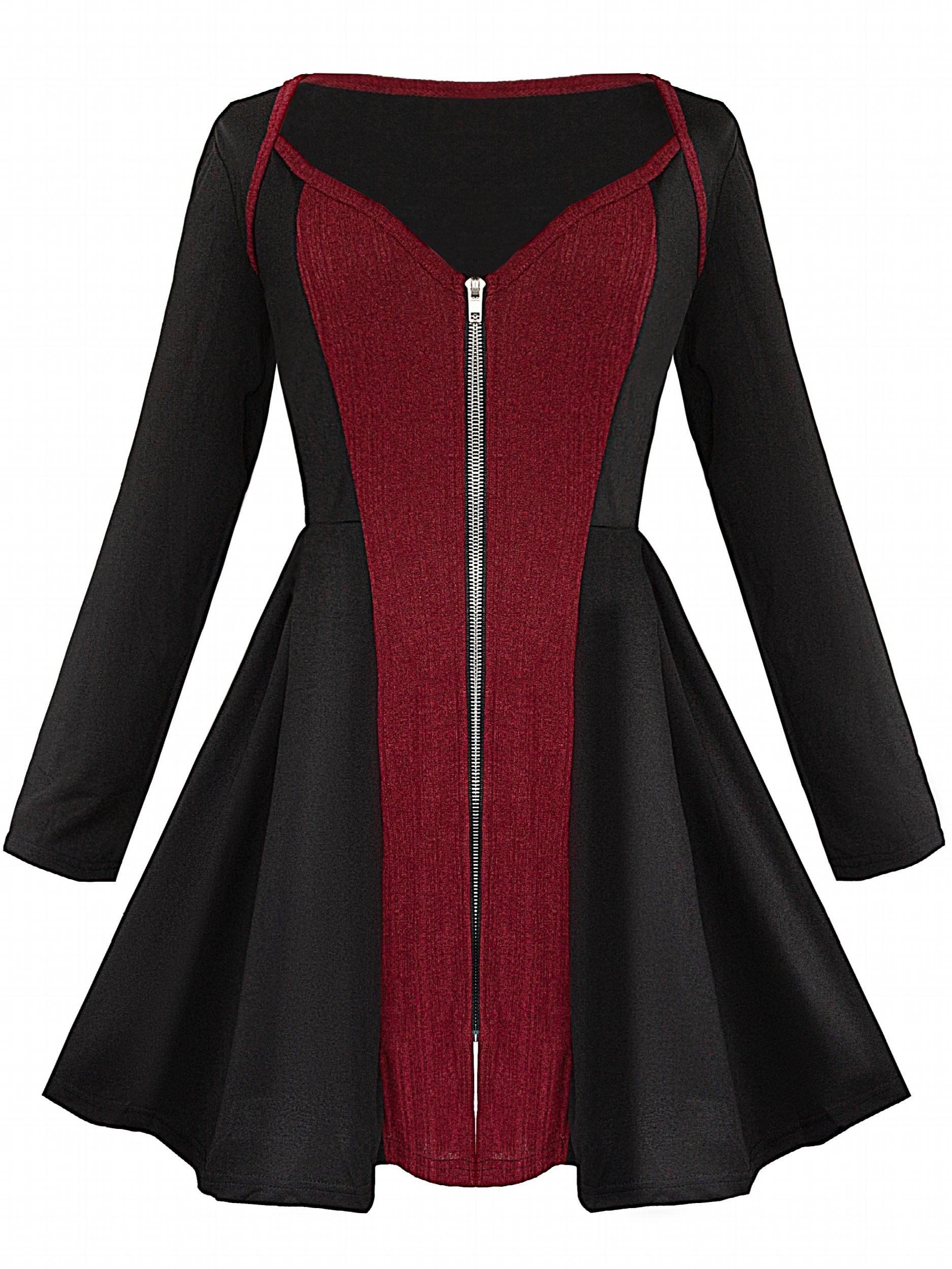  Colorblock Ribbed V Neck Zip Up Dress