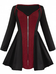  Colorblock Ribbed V Neck Zip Up Dress