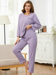 Letter Embroidery Pajama Set Long Sleeve Crew Neck Top & Pants