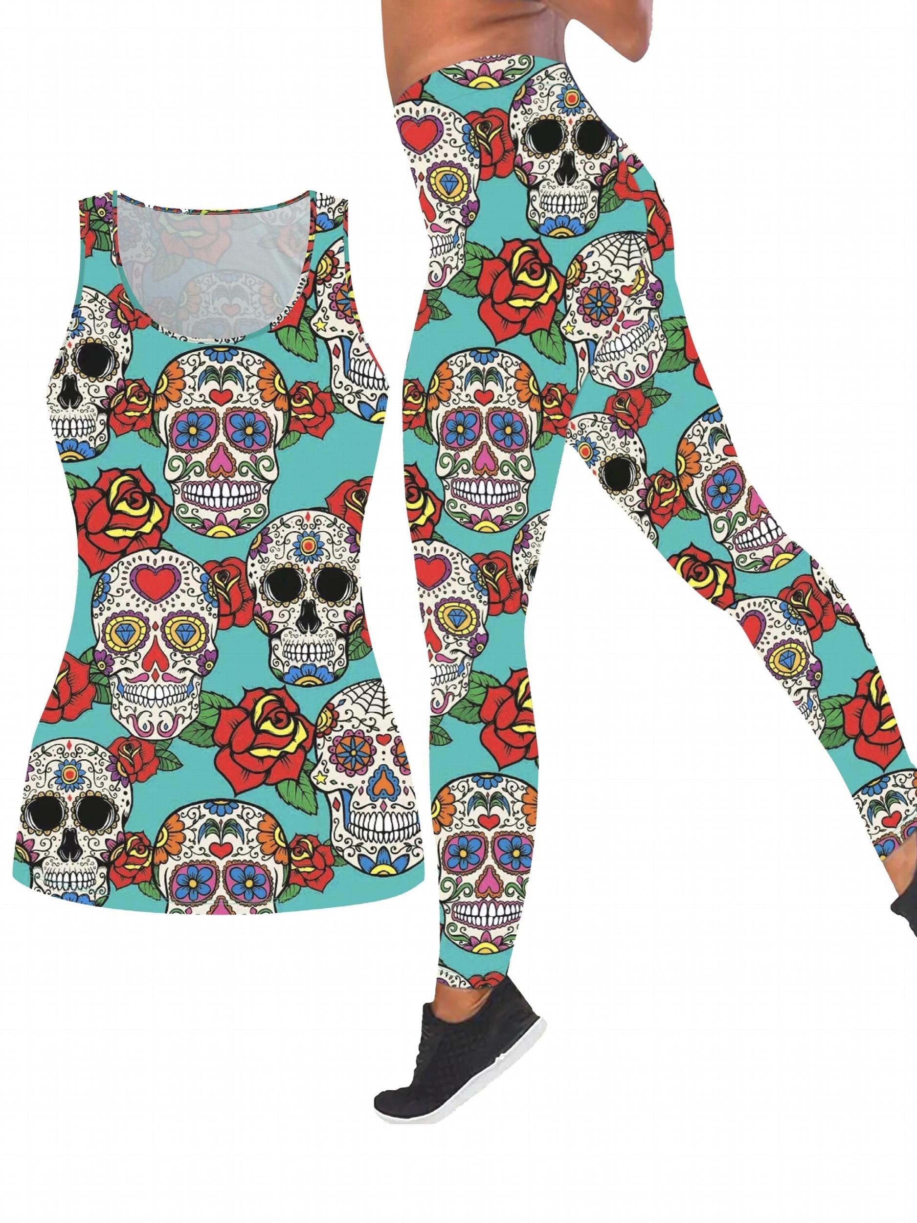  Halloween Casual Outfits 2 Piece Set Skull & Floral Tank Top Leggings