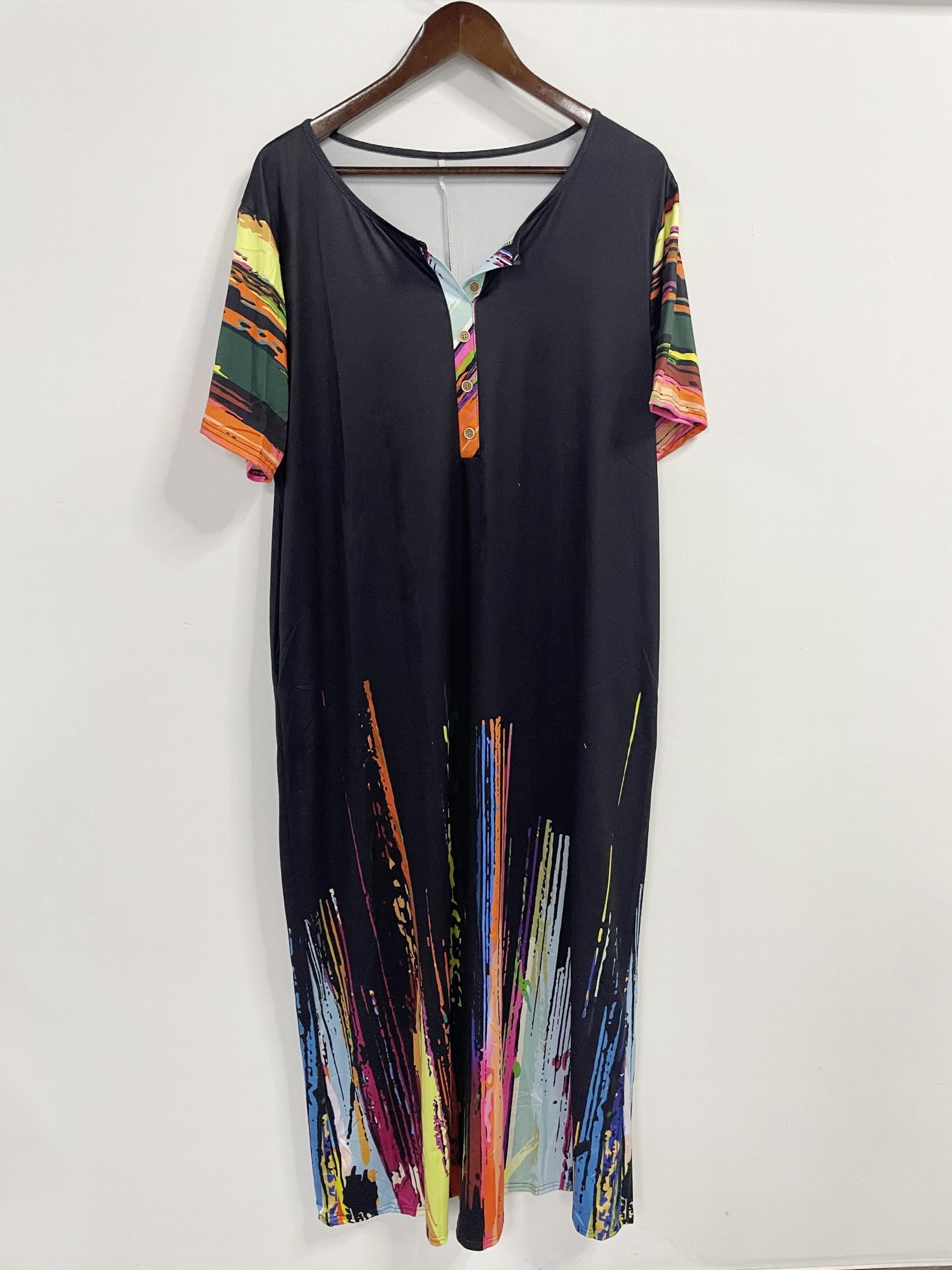  Women's Brush Print Maxi Dress with Pockets