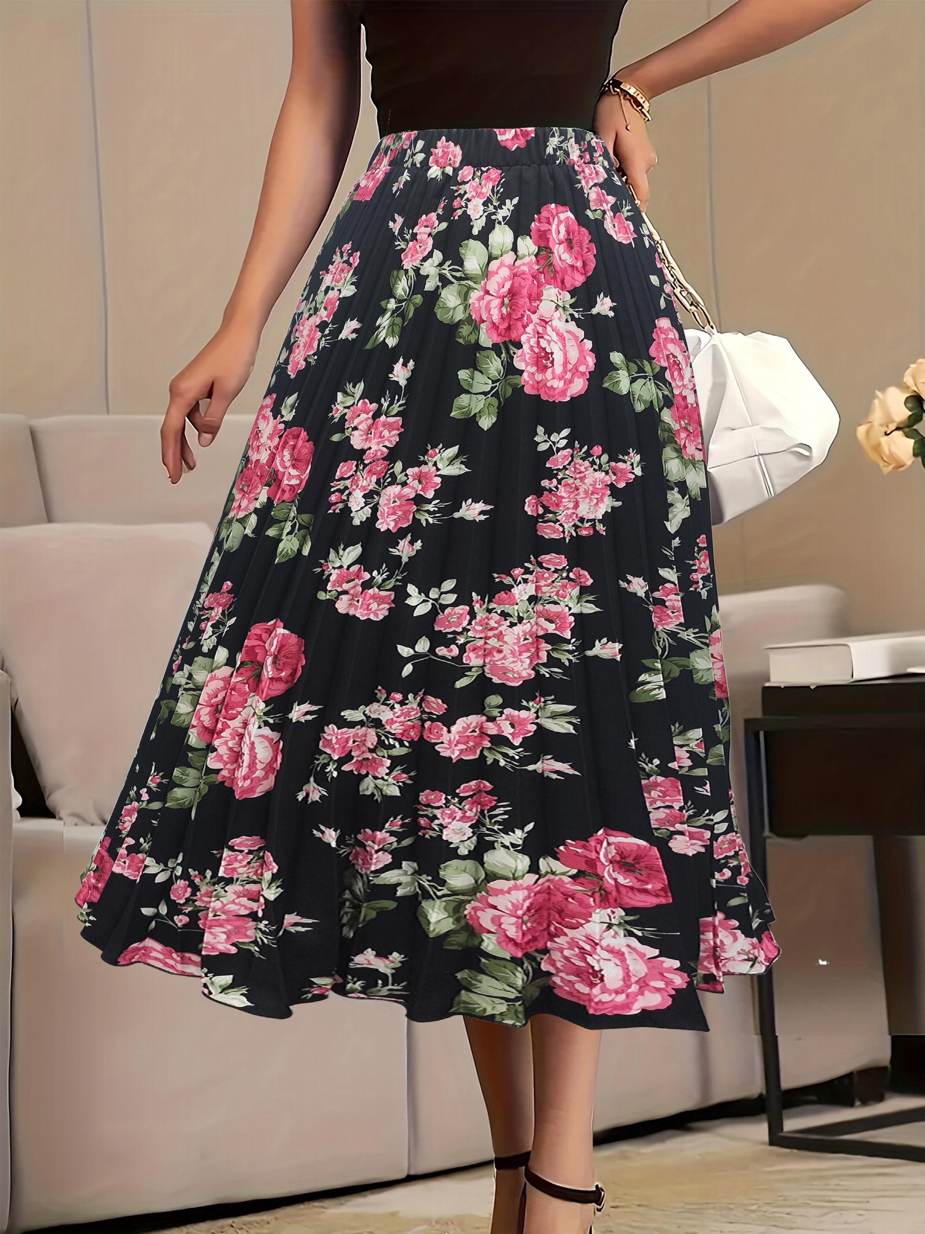  Floral Print Elastic High Rise Pleated Maxi Skirt