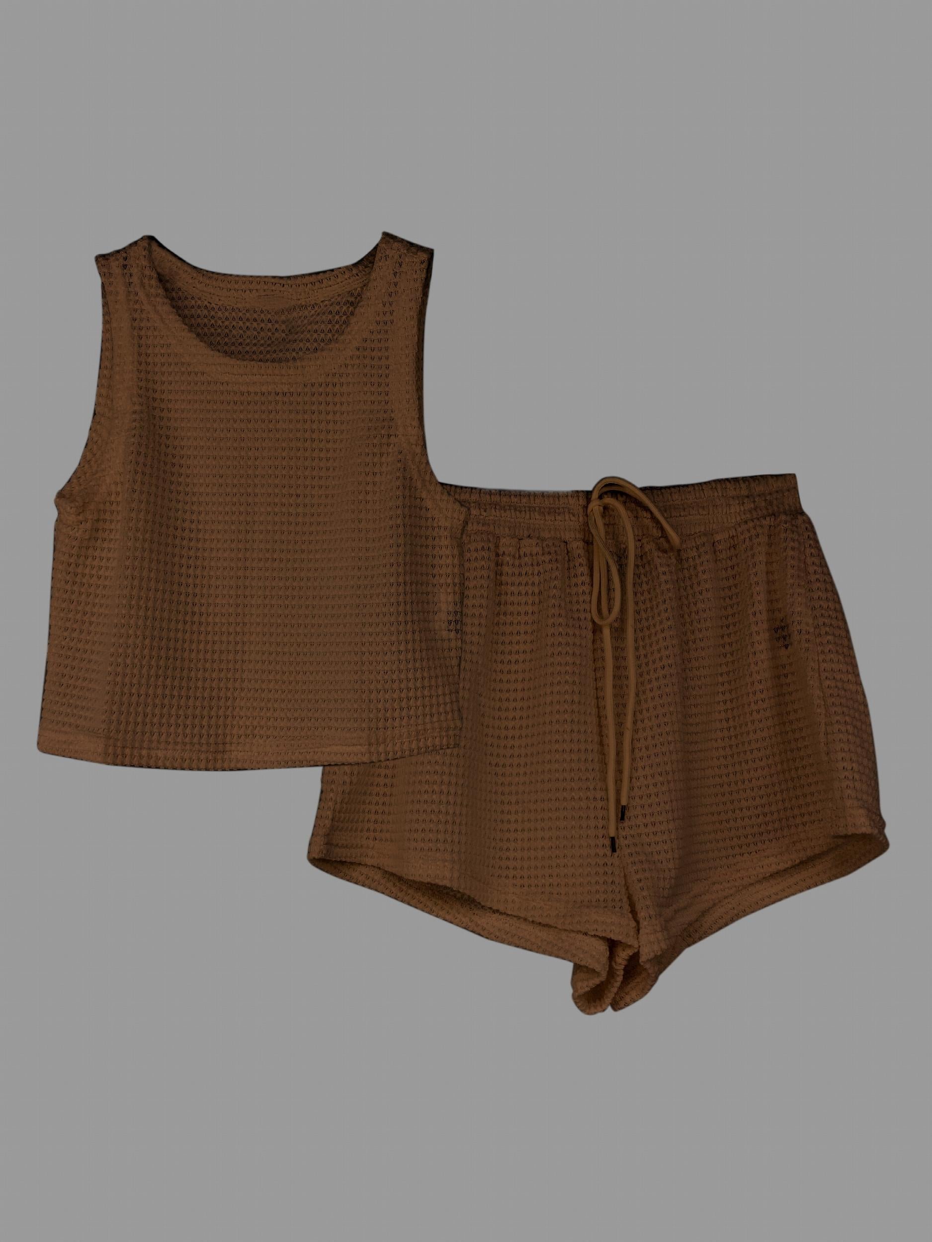 Waffle Two Piece Set Crew Neck Sleeveless Tank Top & Drawstring Shorts