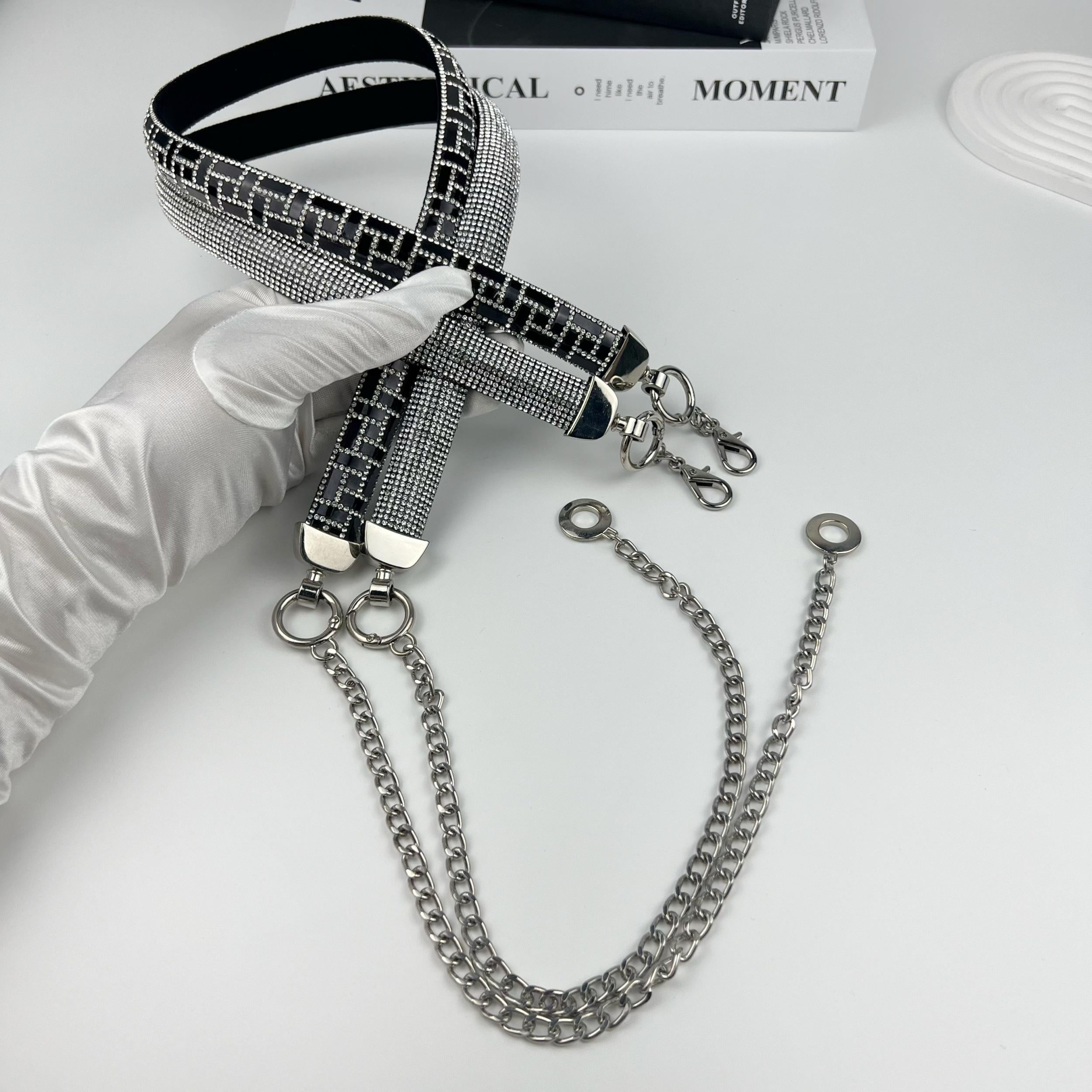 Adjustable Rhinestone Belt Chain Tassel Waistband for Women