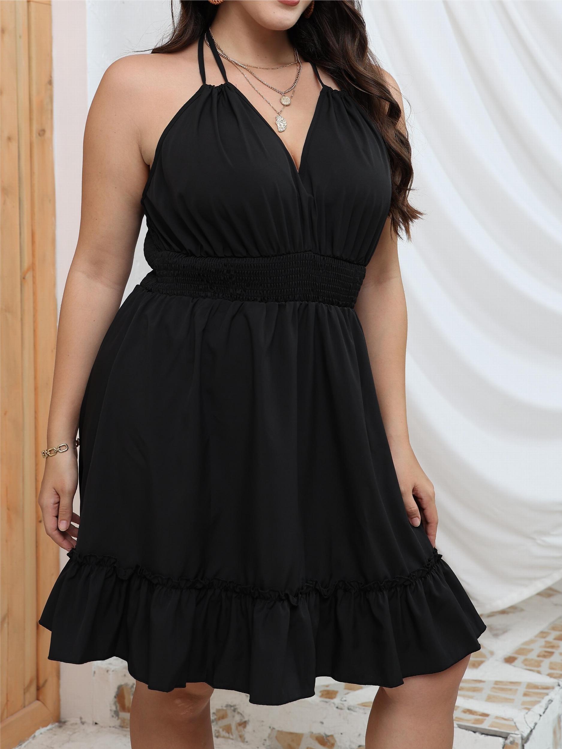  Summer Dress Deep V Neck Ruffle Trim Halter Smock Dress