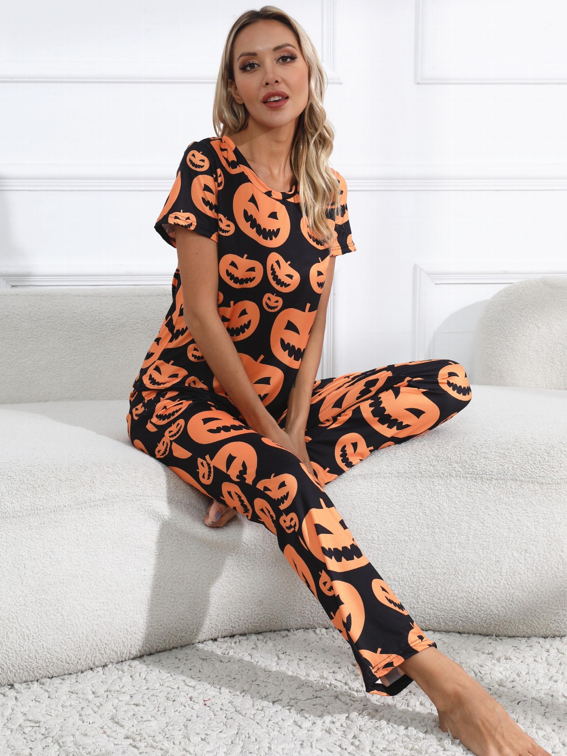  Halloween Pajama Set Women's Pumpkin Print Tee & Pants Lounge Set