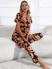  Halloween Pajama Set Women's Pumpkin Print Tee & Pants Lounge Set