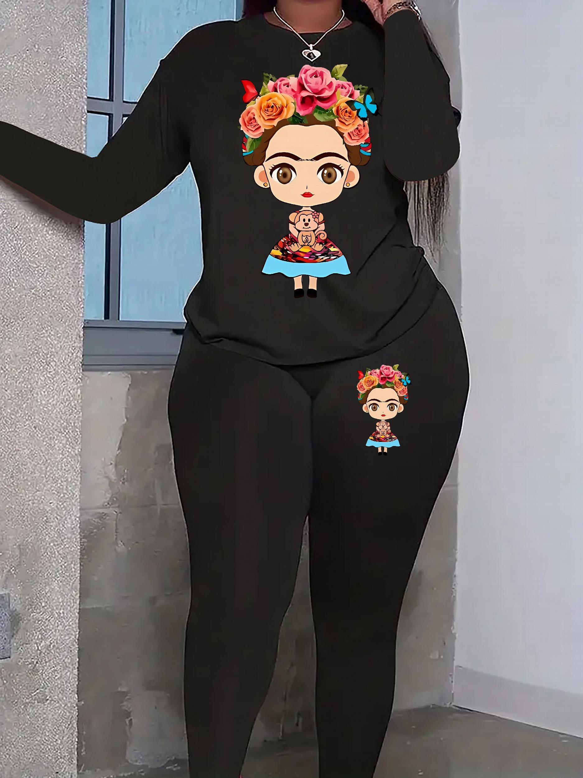  Cartoon Figure Print Long Sleeve Top & Leggings Set