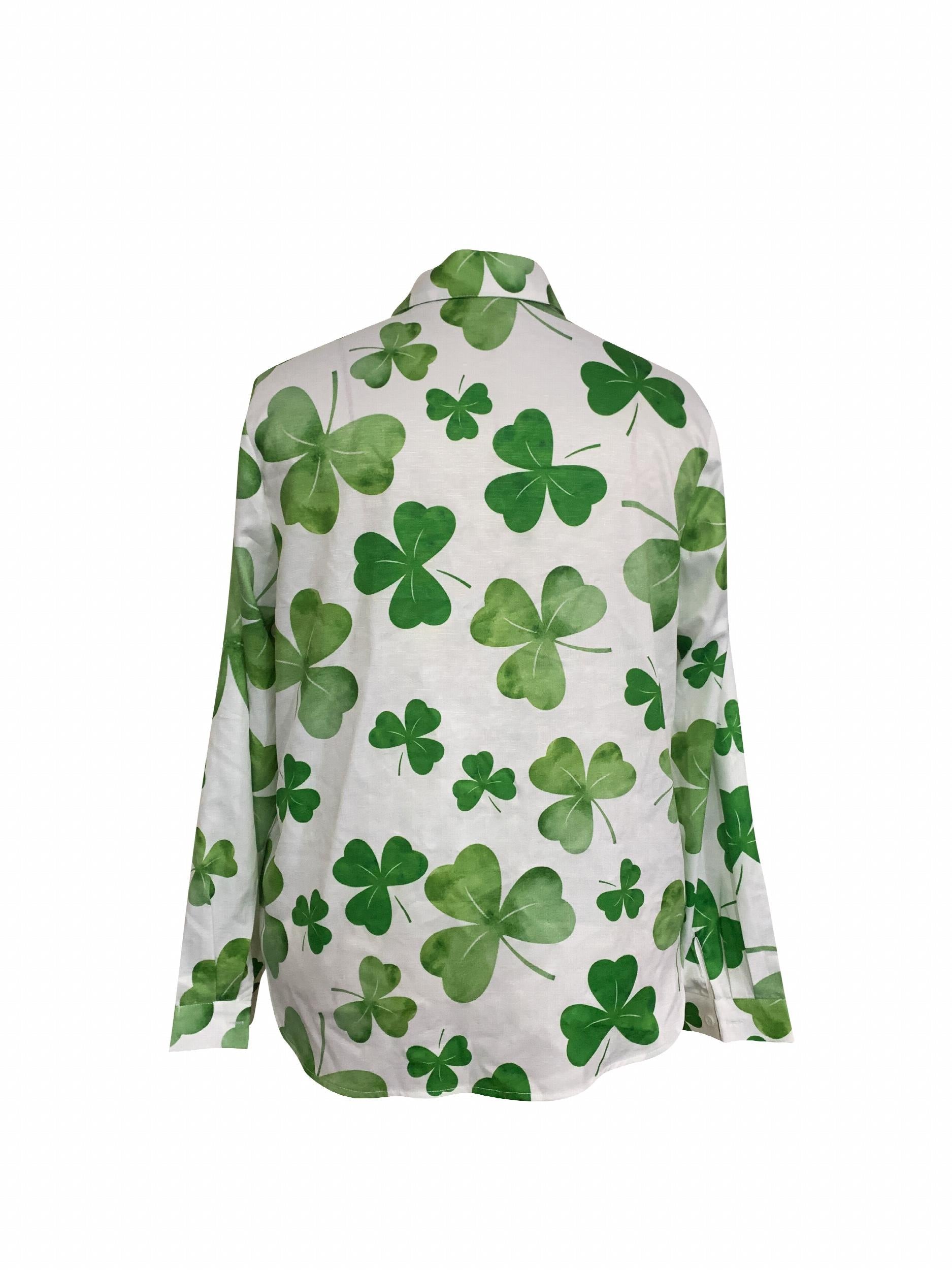  Shamrock Print Button Up Long Sleeve Blouse