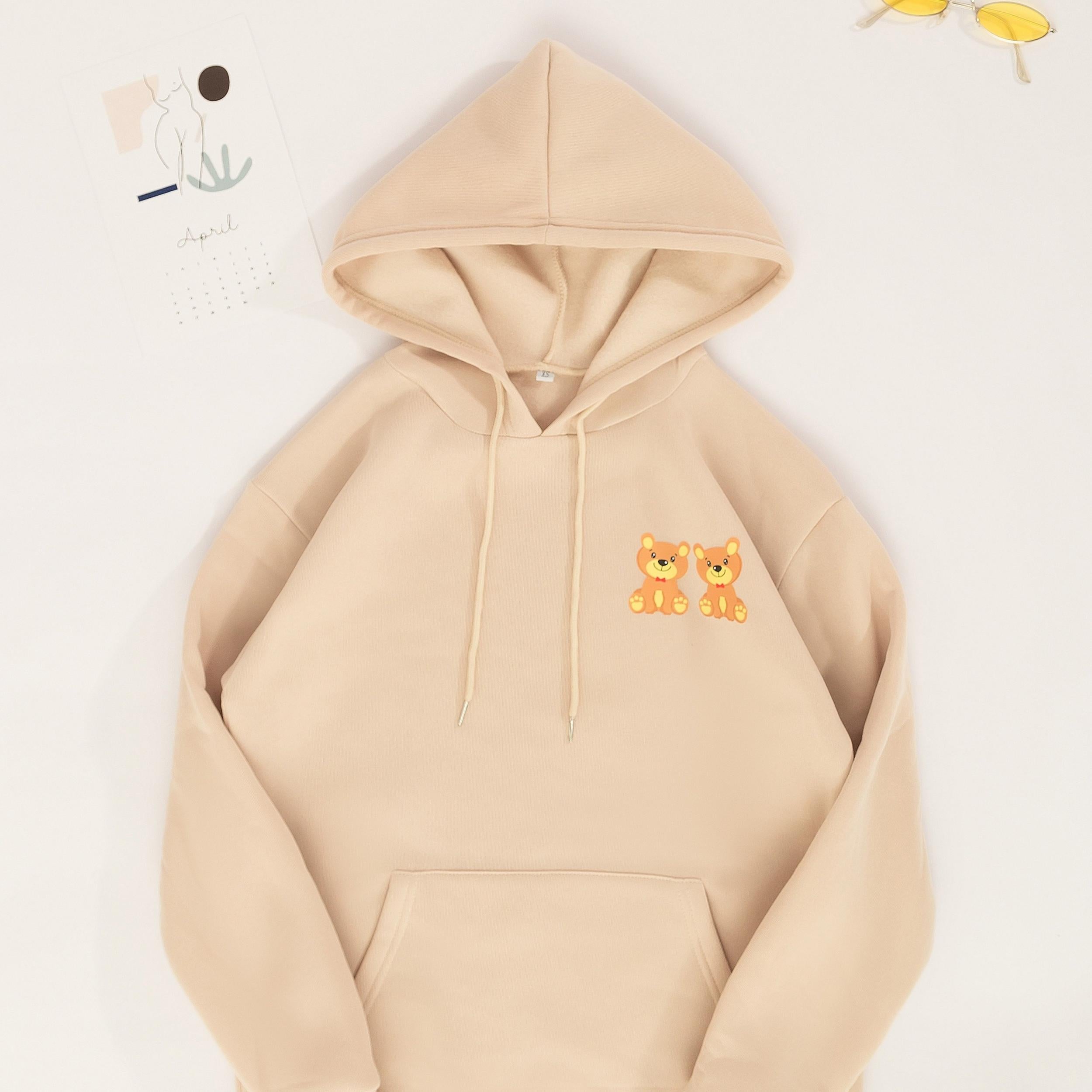 Bear Print Casual Hoodies Drawstring Long Sleeve Pullover Sweater