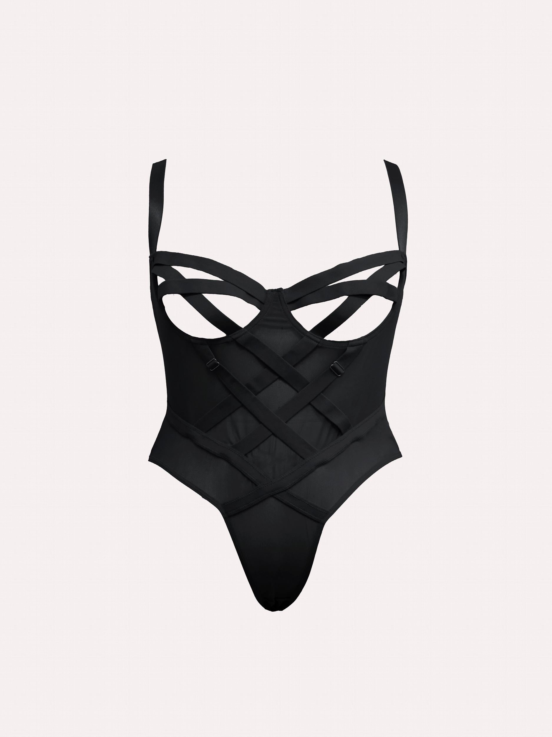  Open Cup Crisscross Mesh Gartered Teddy Bodysuit