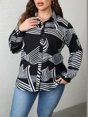  Abstract Stripe Print Button Up Blouse