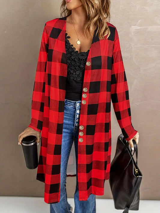  Plaid Print Button Decor V Neck Cardigan