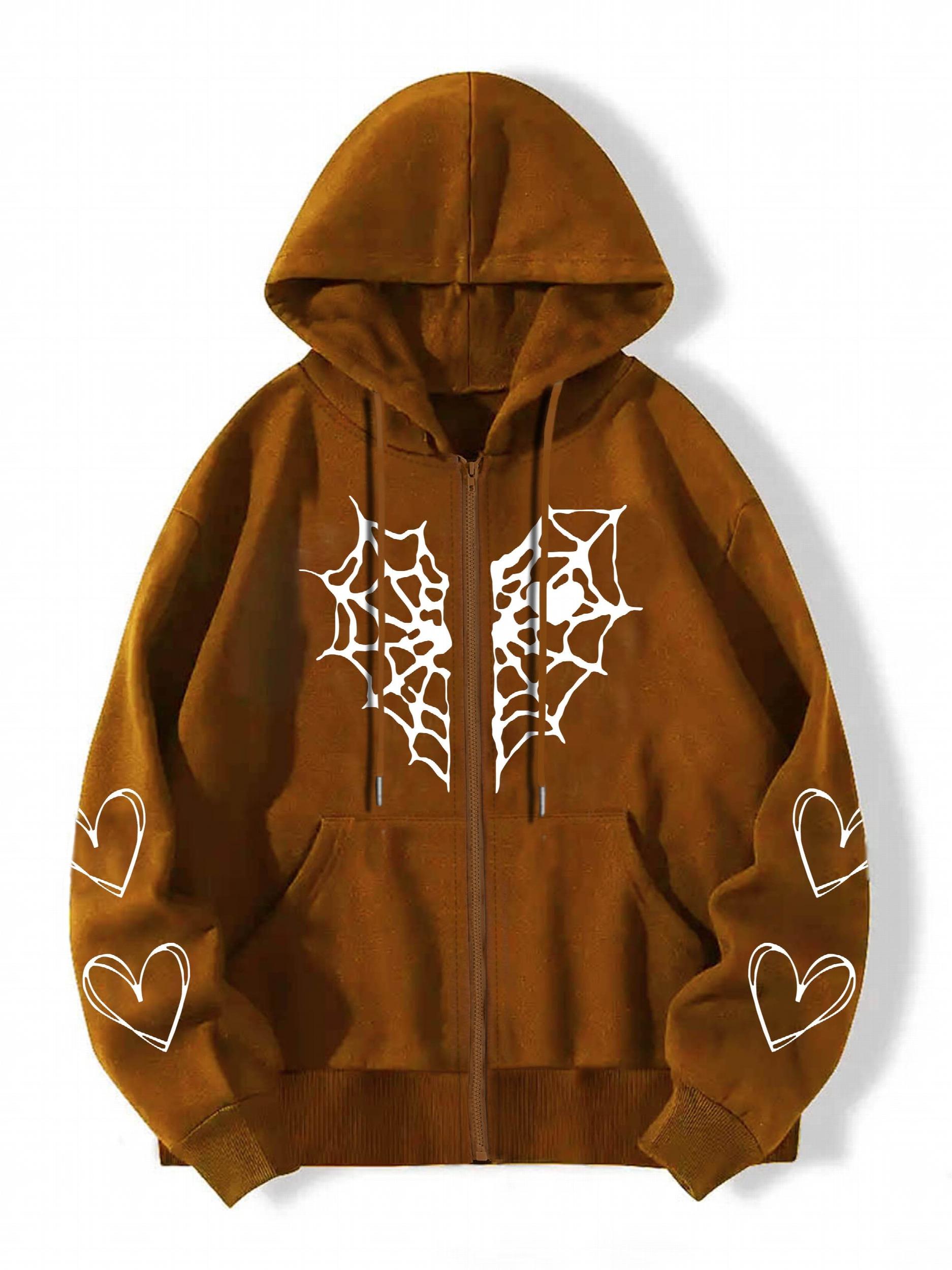 Gothic Heart Print Zip Up Hoodie Casual Long Sleeve Hoodies