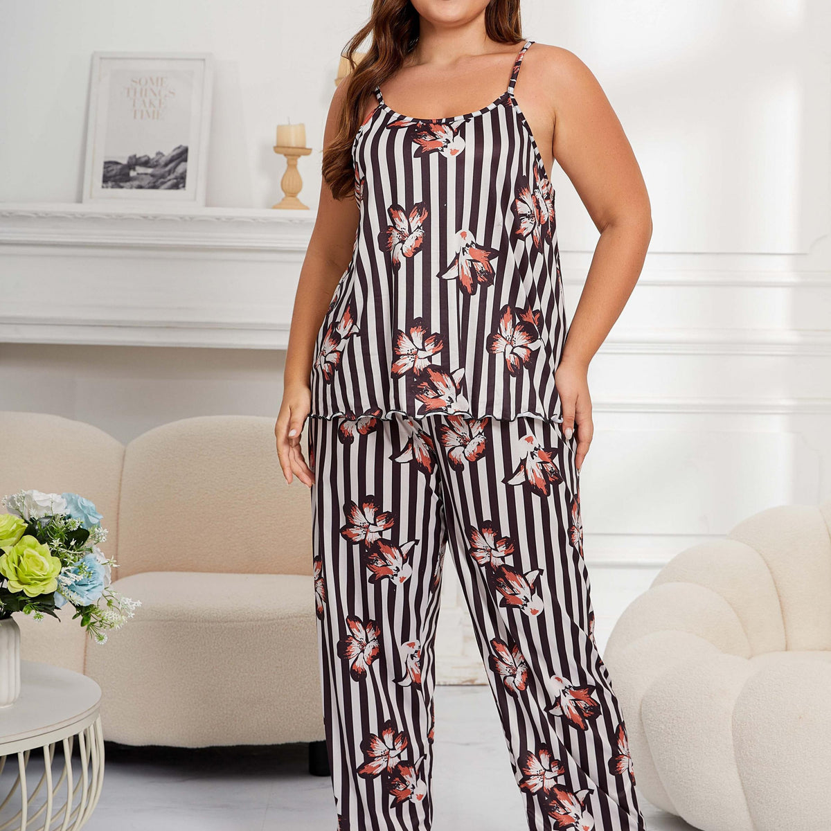  Striped & Floral Print Cami Top & Pants Lounge Set