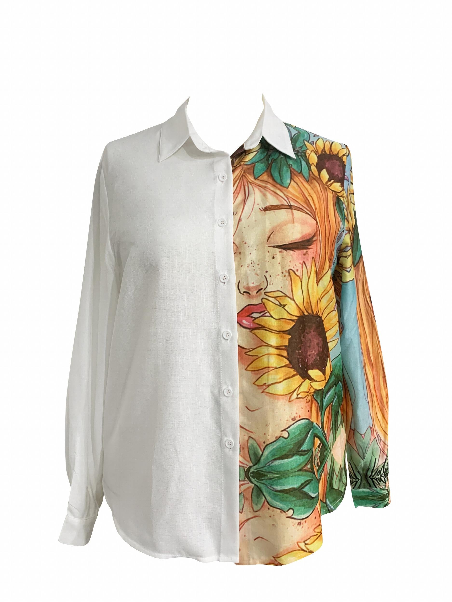  Cartoon Girl & Sunflower Print Button-Up Shirt