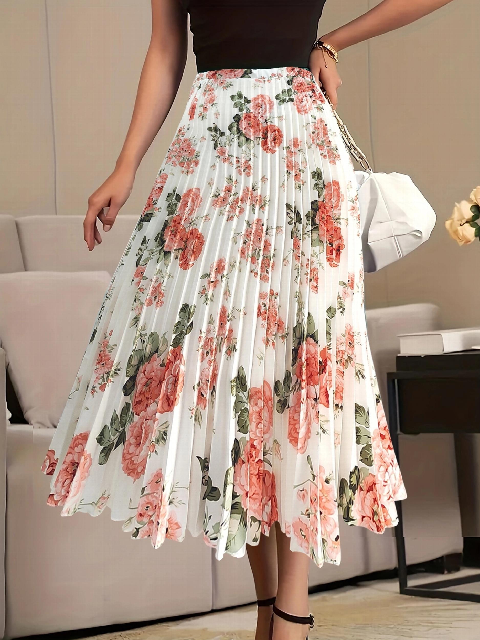  Floral Print Elastic High Rise Pleated Maxi Skirt