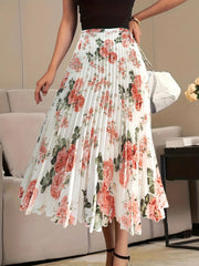  Floral Print Elastic High Rise Pleated Maxi Skirt