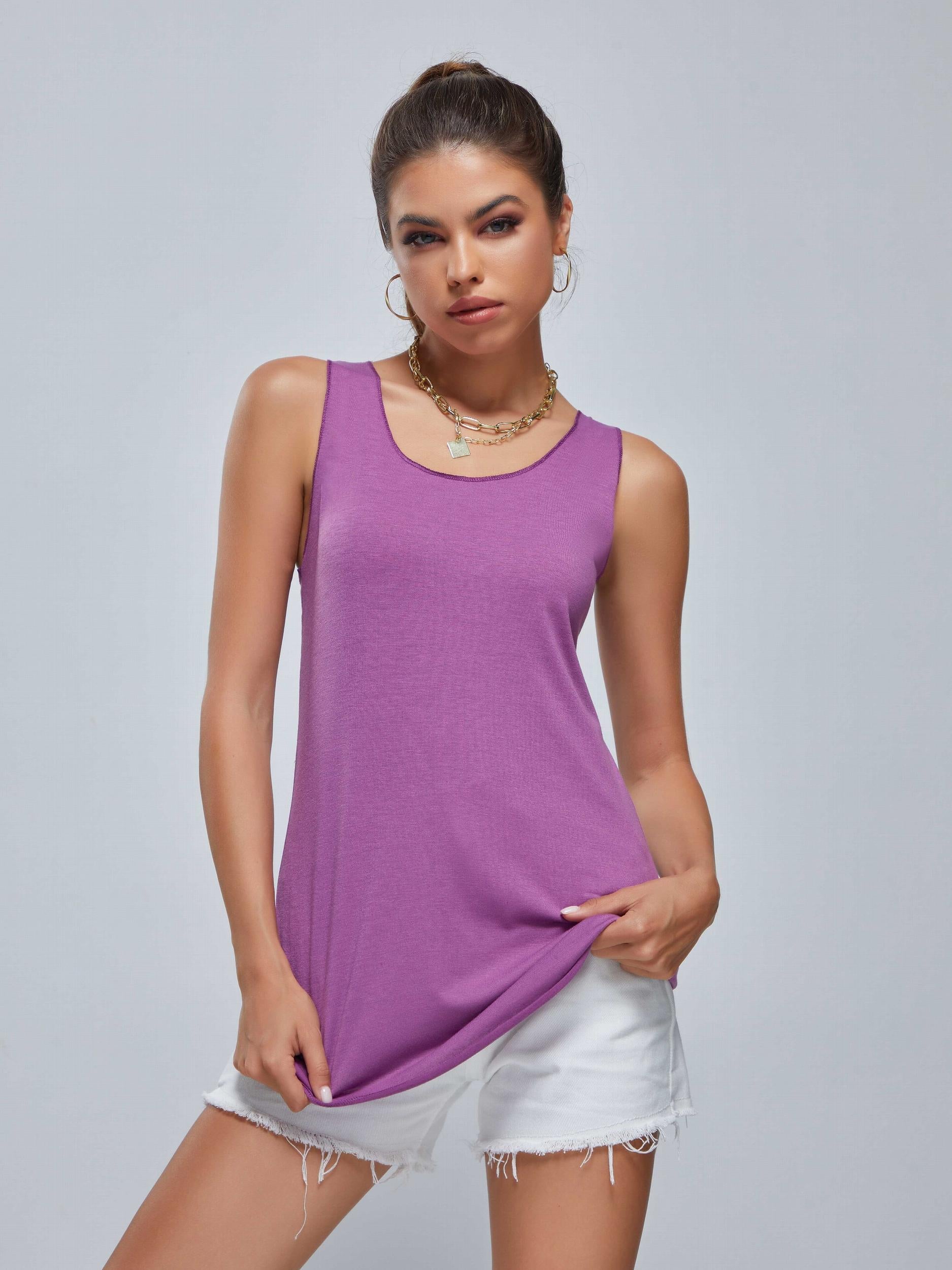 Solid Crew Neck Loose Tank Top Sports Fitness Yoga Running Top