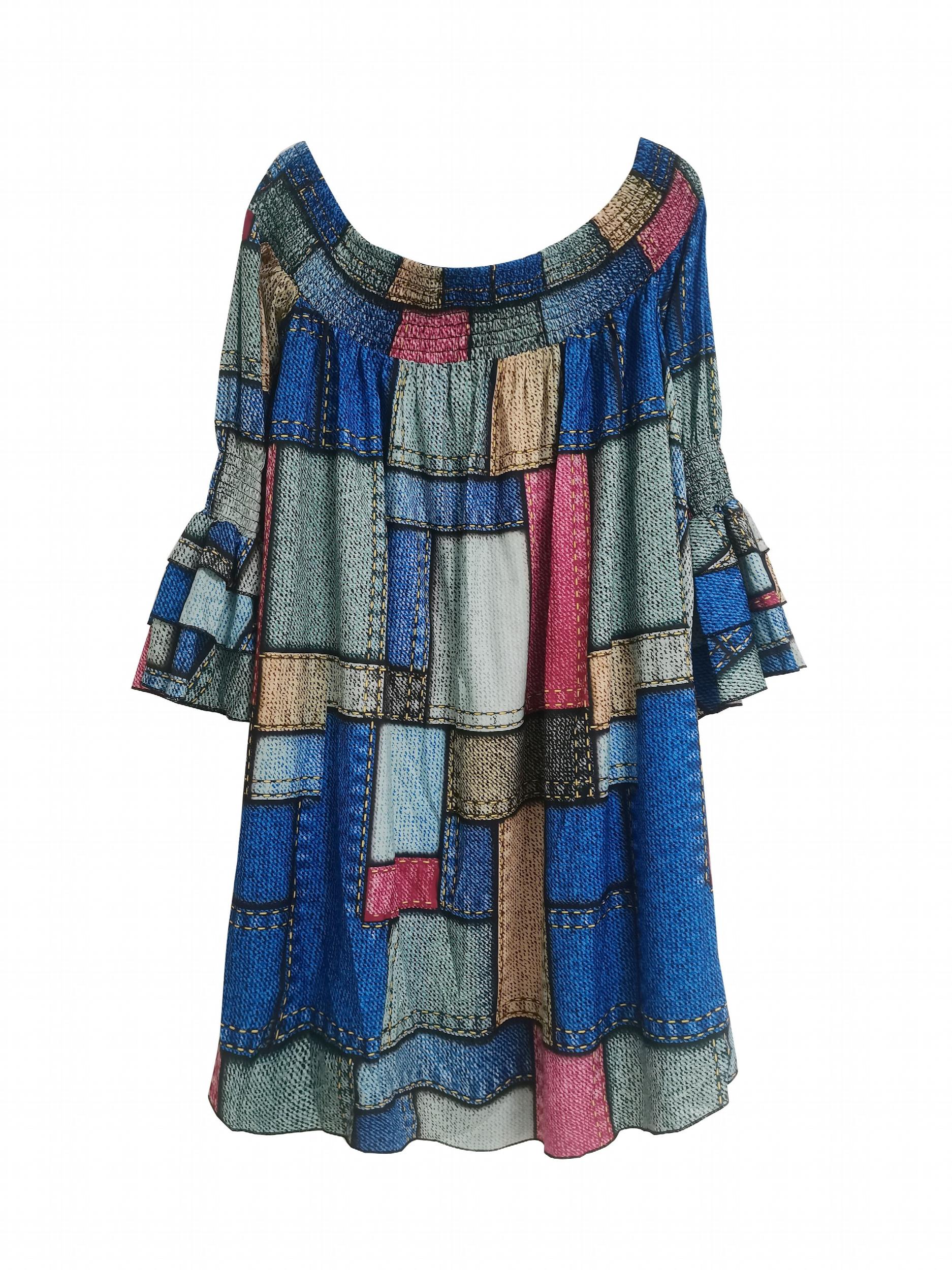 Denim Print Off Shoulder Dress