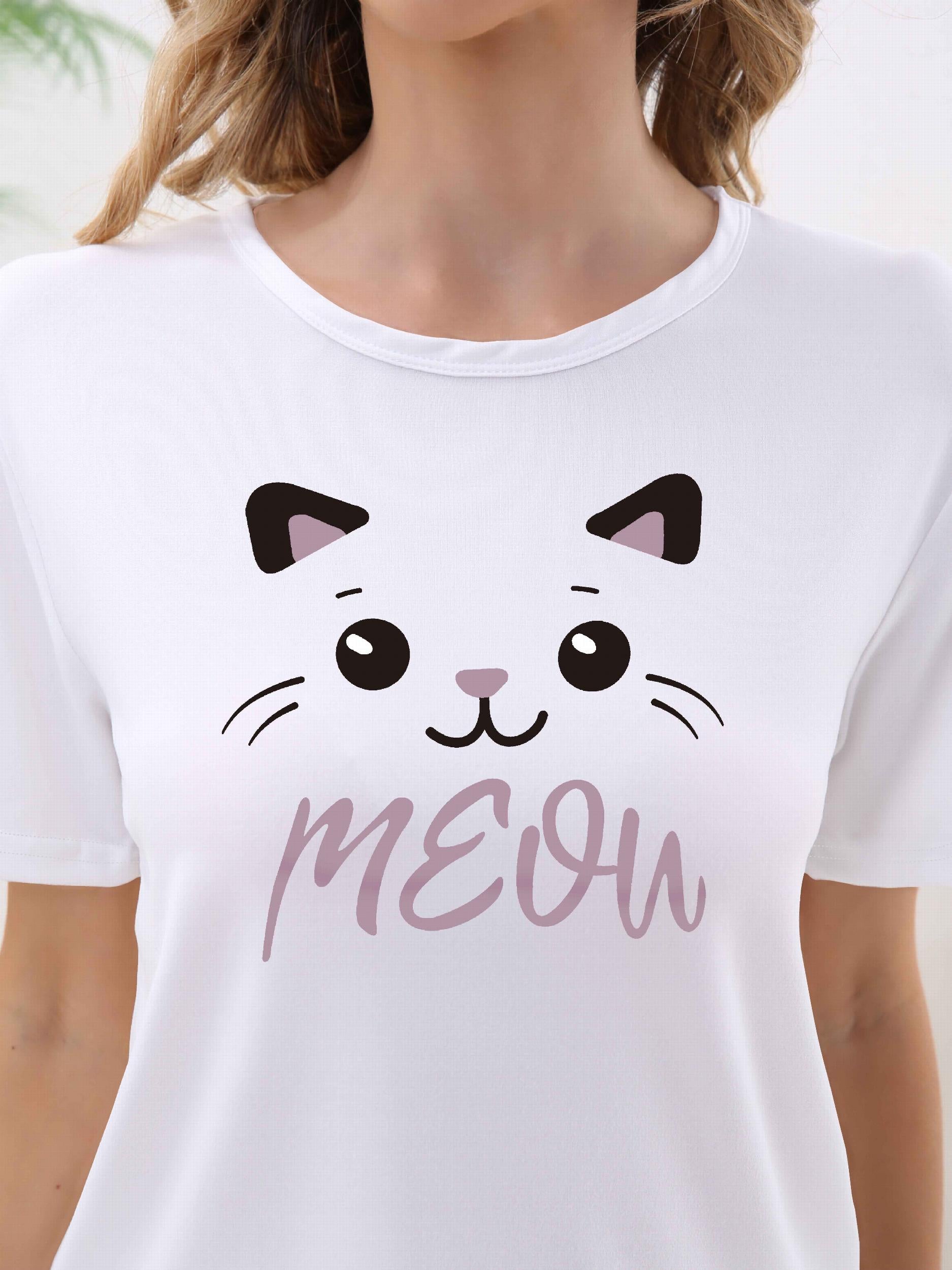 Cat Print Pajama Set Short Sleeve Crew Neck Top & Pants Women's Sleepwear