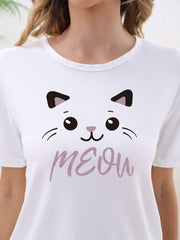 Cat Print Pajama Set Short Sleeve Crew Neck Top & Pants Women's Sleepwear