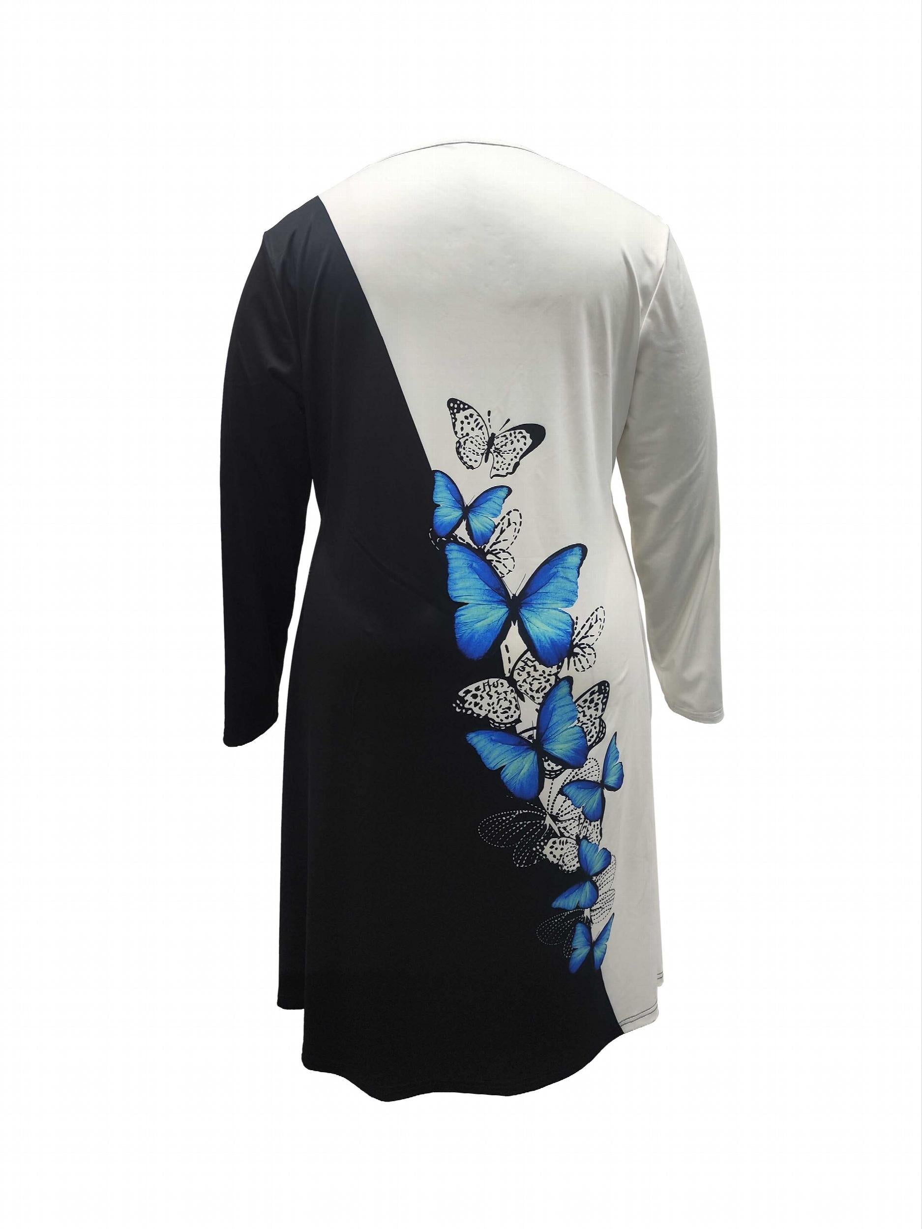  Colorblock Butterfly Print V Neck Dress