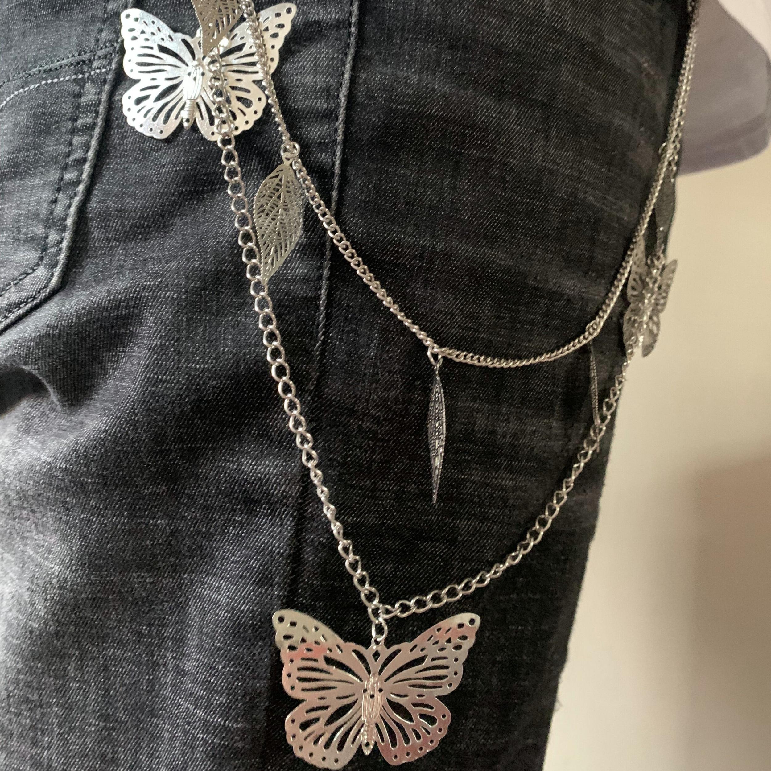 Silver Leaf Butterfly Double Pants Chain Hip hop Waist Accessory