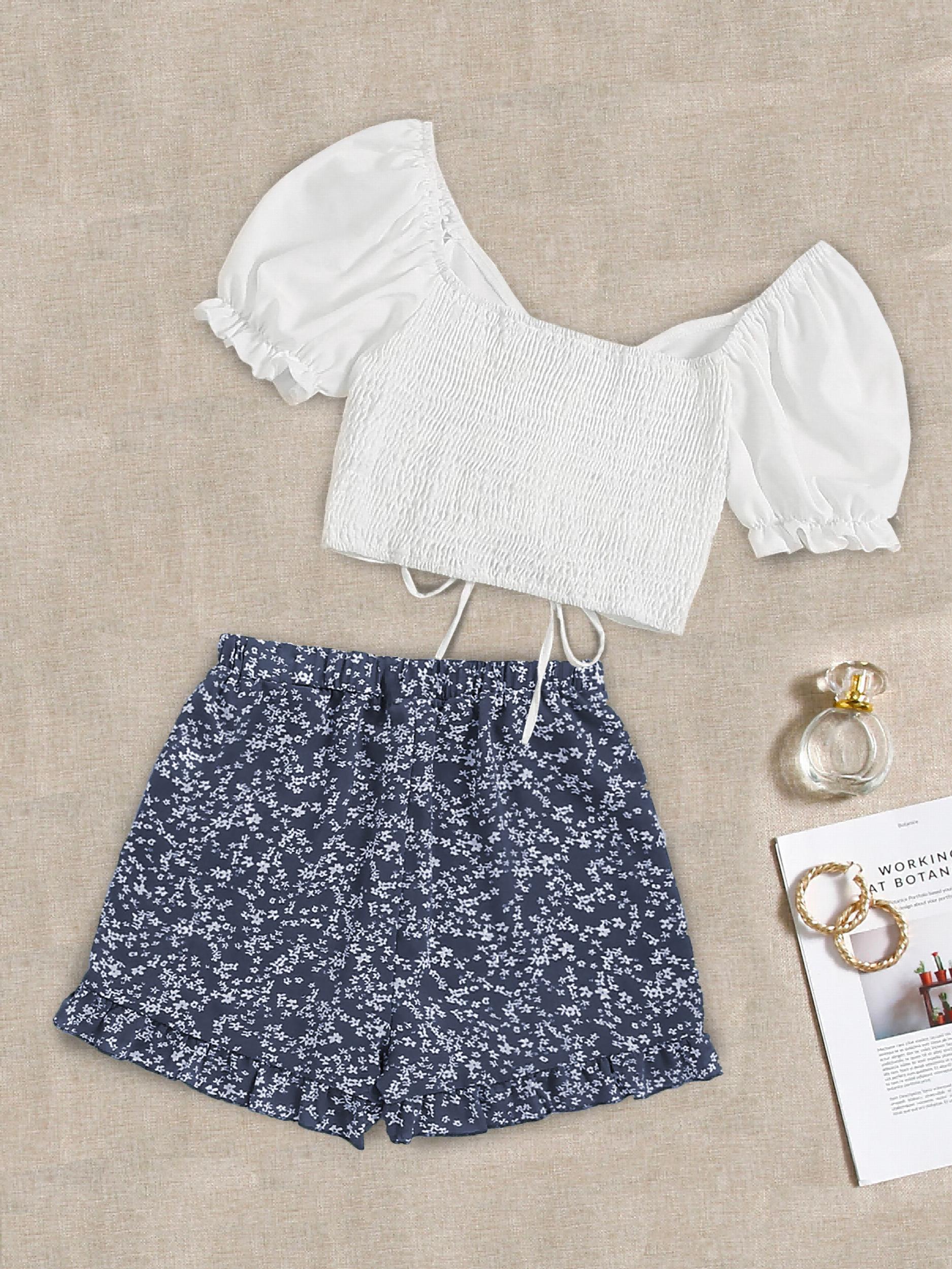 Casual Two Piece Set Drawstring Puff Sleeve Tops & Floral Print Elastic Shorts