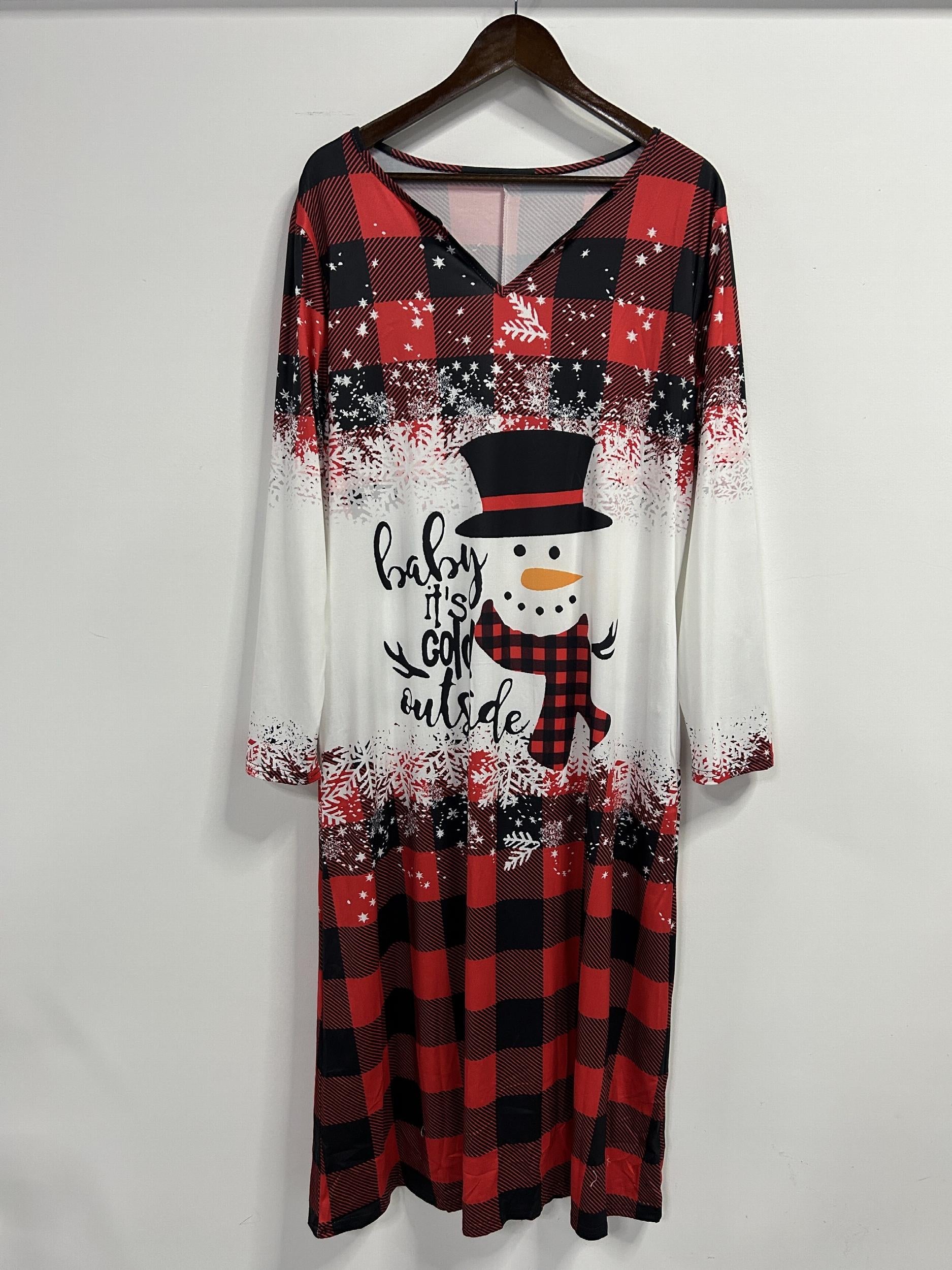 Women's Plus Snowman & Slogan Print Three Quarter Sleeve Knee Length Dress